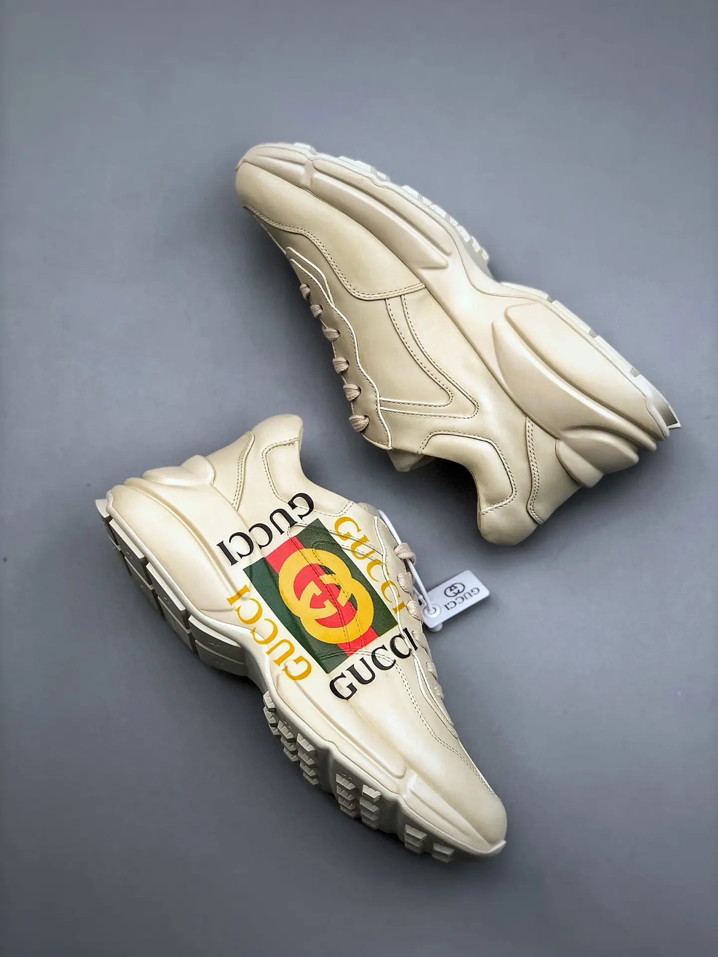 YASSW | Gucci Rhyton Logo Leather Sneakers Replica: White & Cream Variants