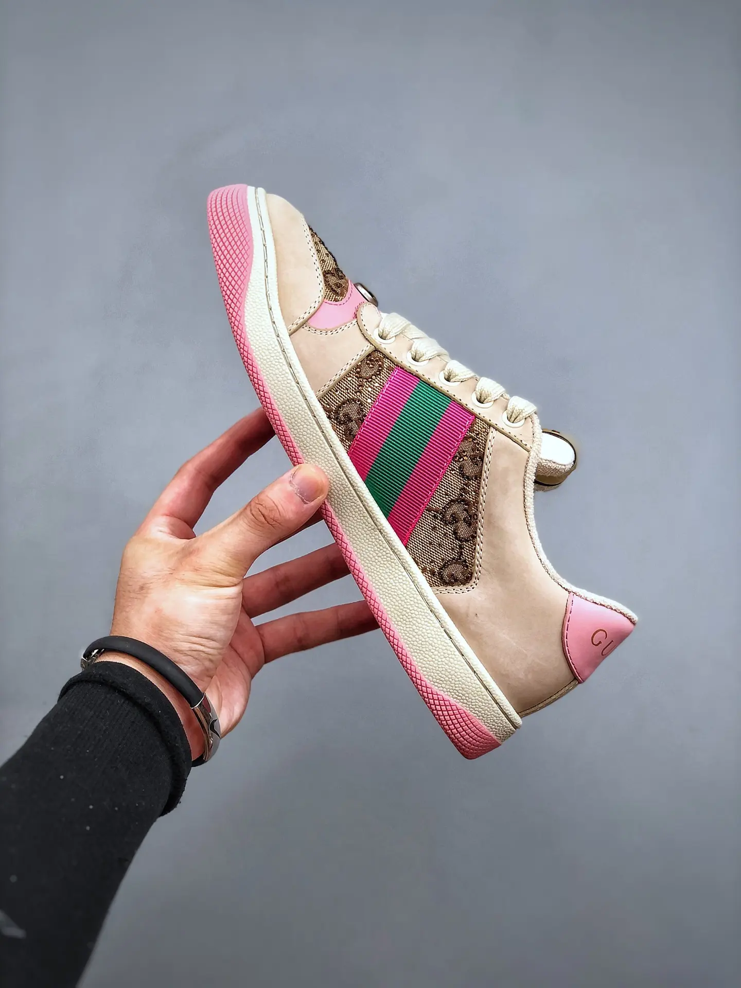 YASSW | GUCCI Women's Screener Sneaker with Crystals Replica - Off-White/Pink