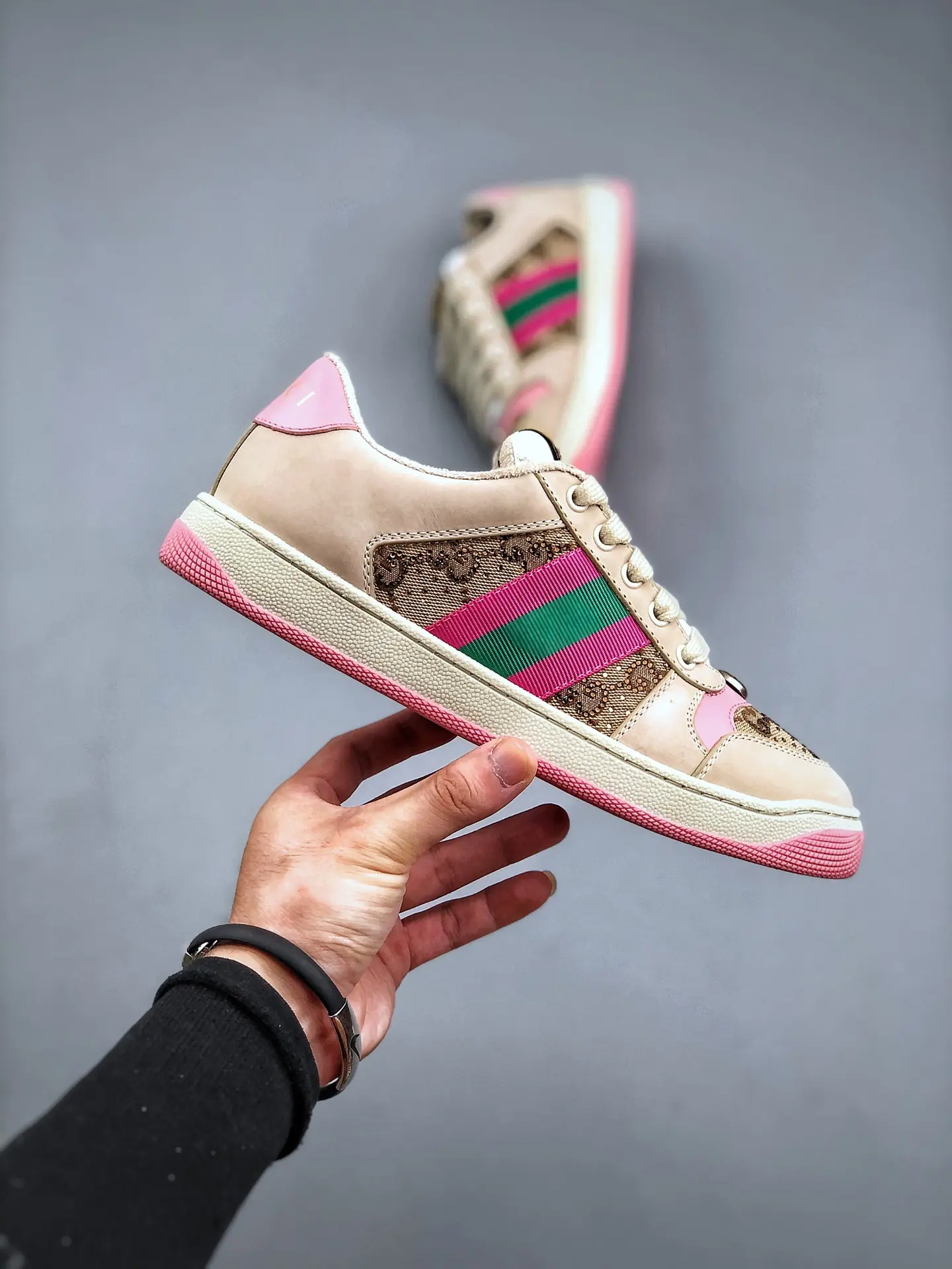 YASSW | GUCCI Women's Screener Sneaker with Crystals Replica - Off-White/Pink