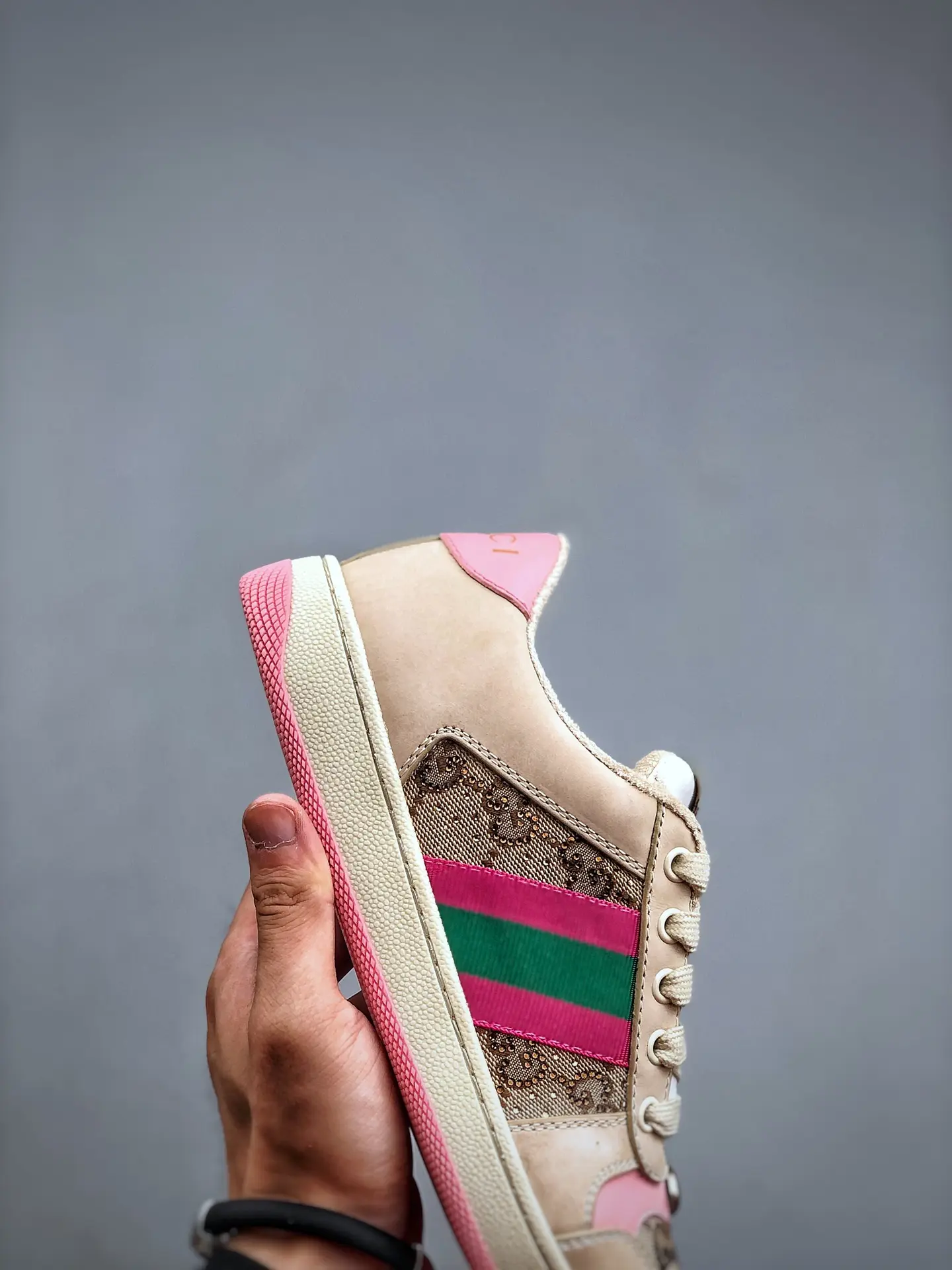 YASSW | GUCCI Women's Screener Sneaker with Crystals Replica - Off-White/Pink