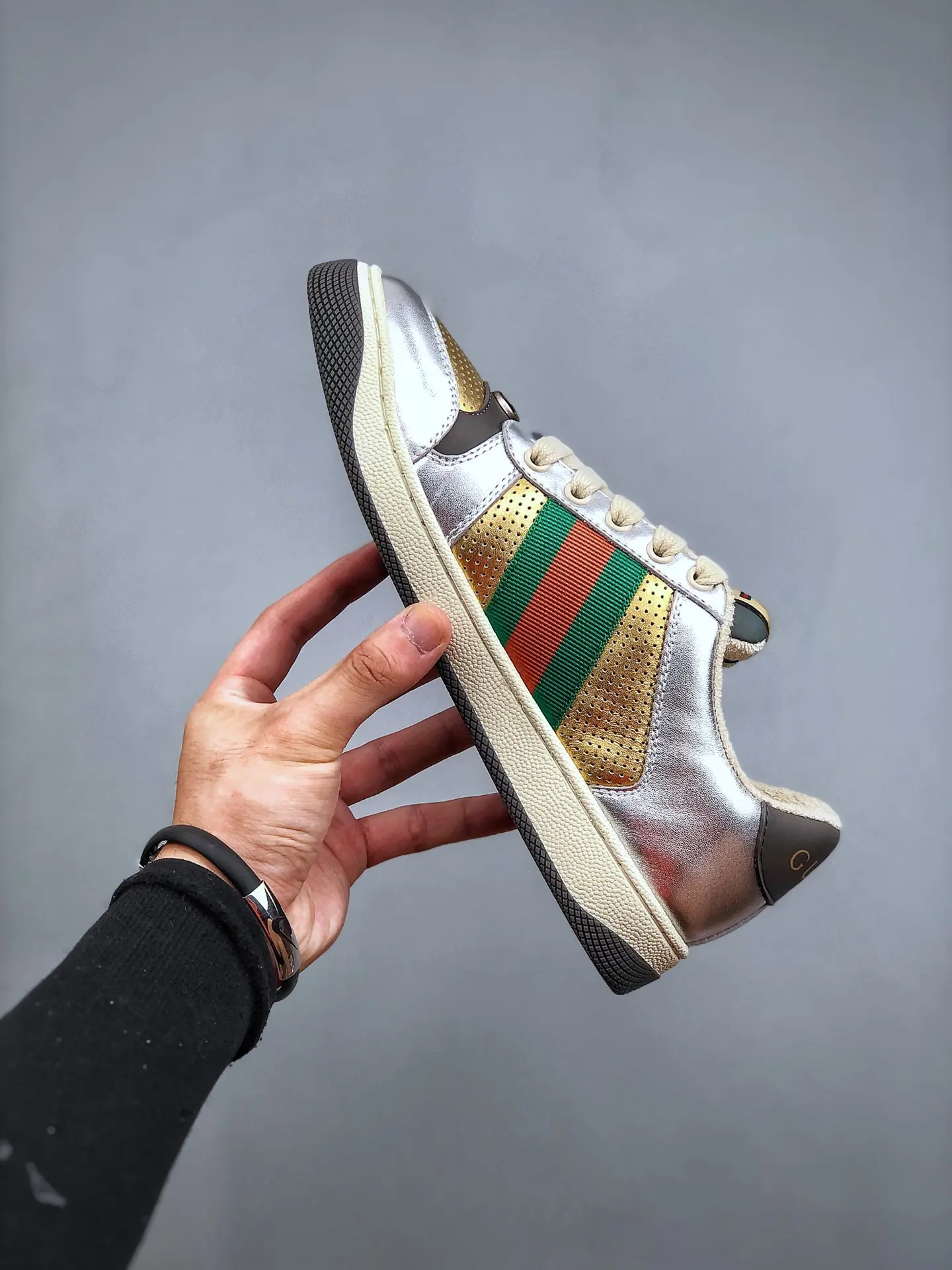 YASSW | Gucci Screener Leather Trainers Replica: Silver & Gold, Luxury and Style Combined