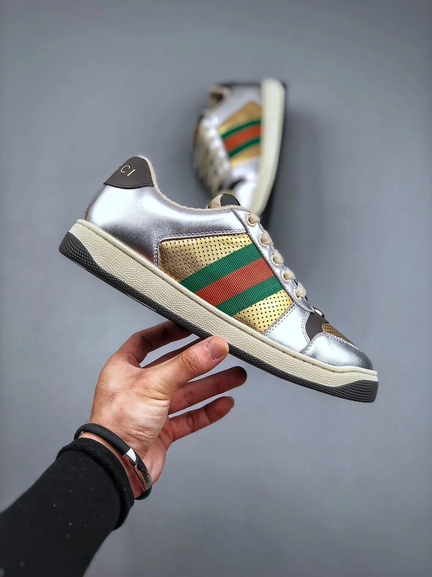 YASSW | Gucci Screener Leather Trainers Replica: Silver & Gold, Luxury and Style Combined