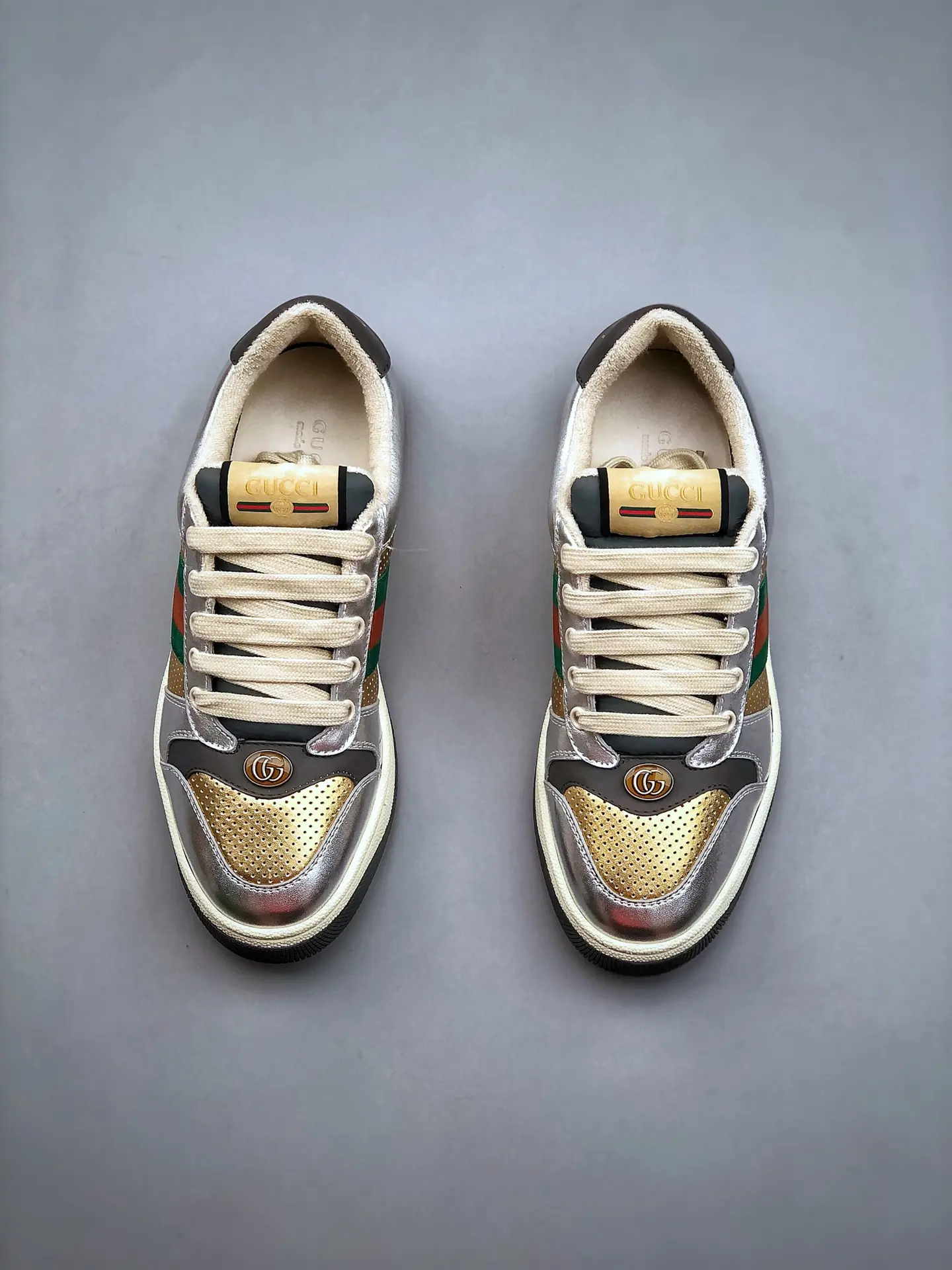 YASSW | Gucci Screener Leather Trainers Replica: Silver & Gold, Luxury and Style Combined