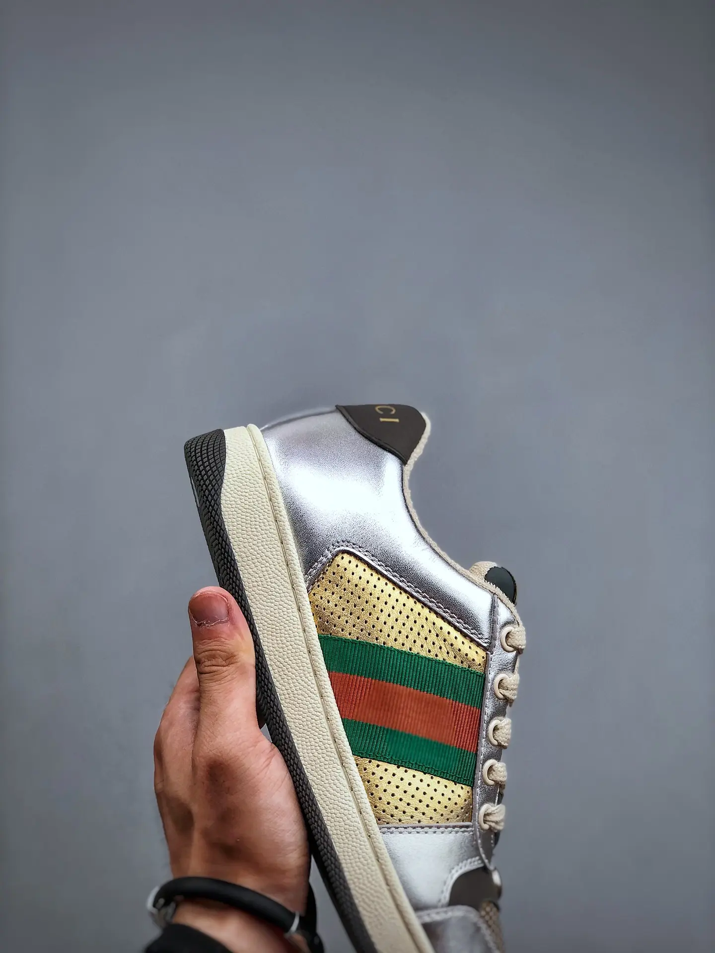 YASSW | Gucci Screener Leather Trainers Replica: Silver & Gold, Luxury and Style Combined