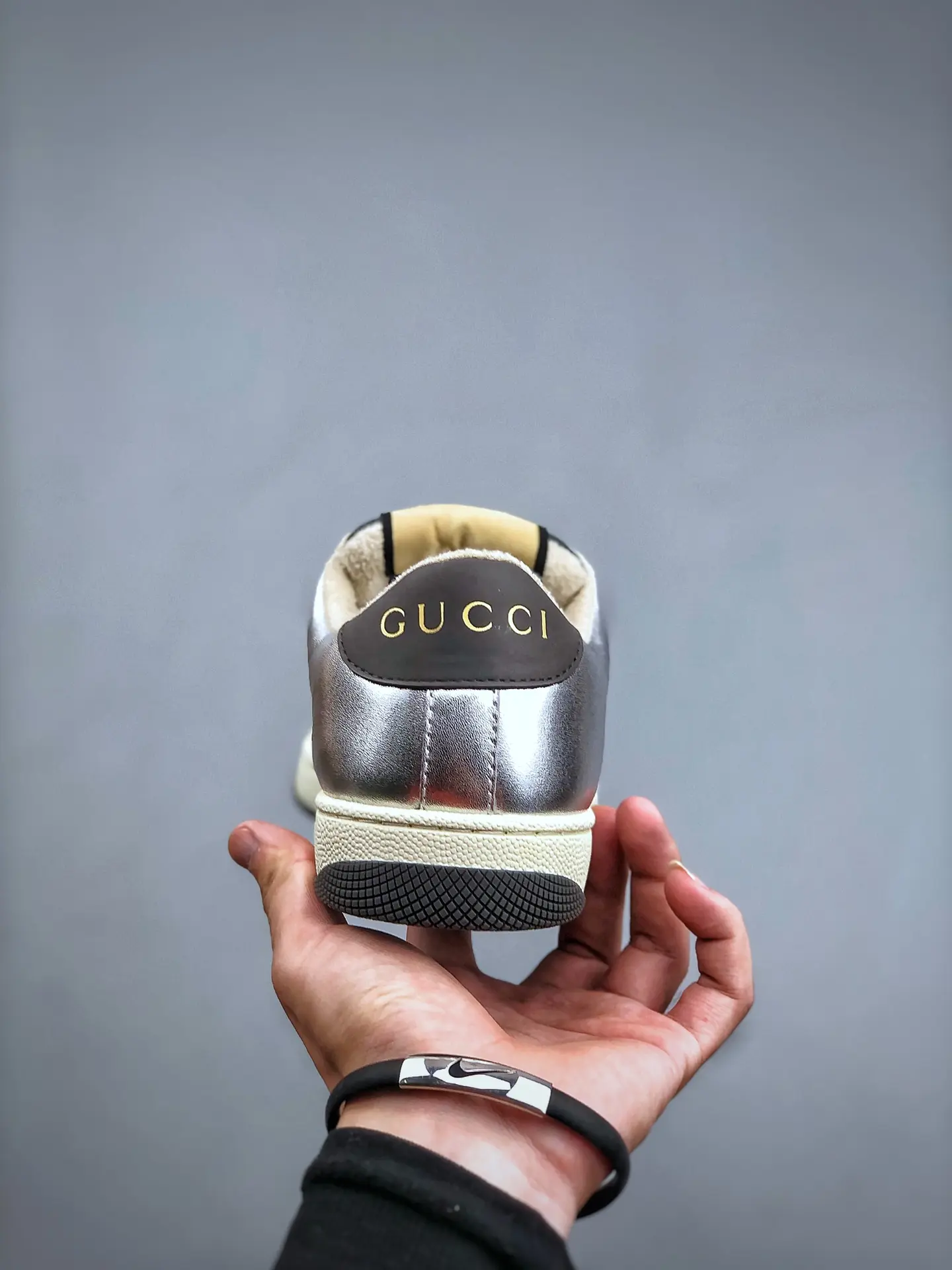 YASSW | Gucci Screener Leather Trainers Replica: Silver & Gold, Luxury and Style Combined