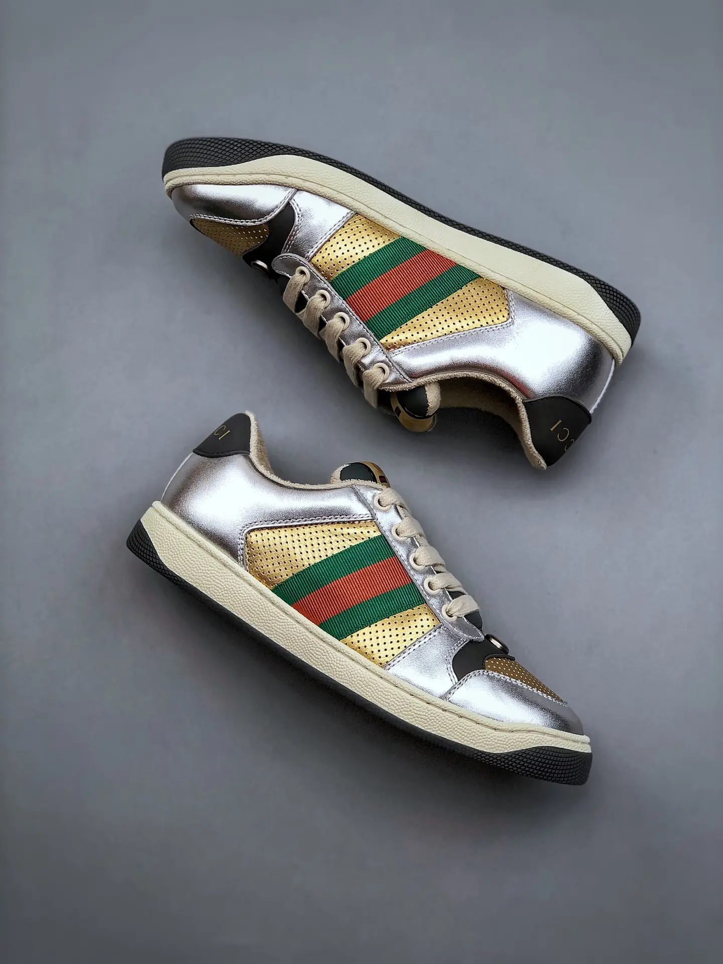 YASSW | Gucci Screener Leather Trainers Replica: Silver & Gold, Luxury and Style Combined