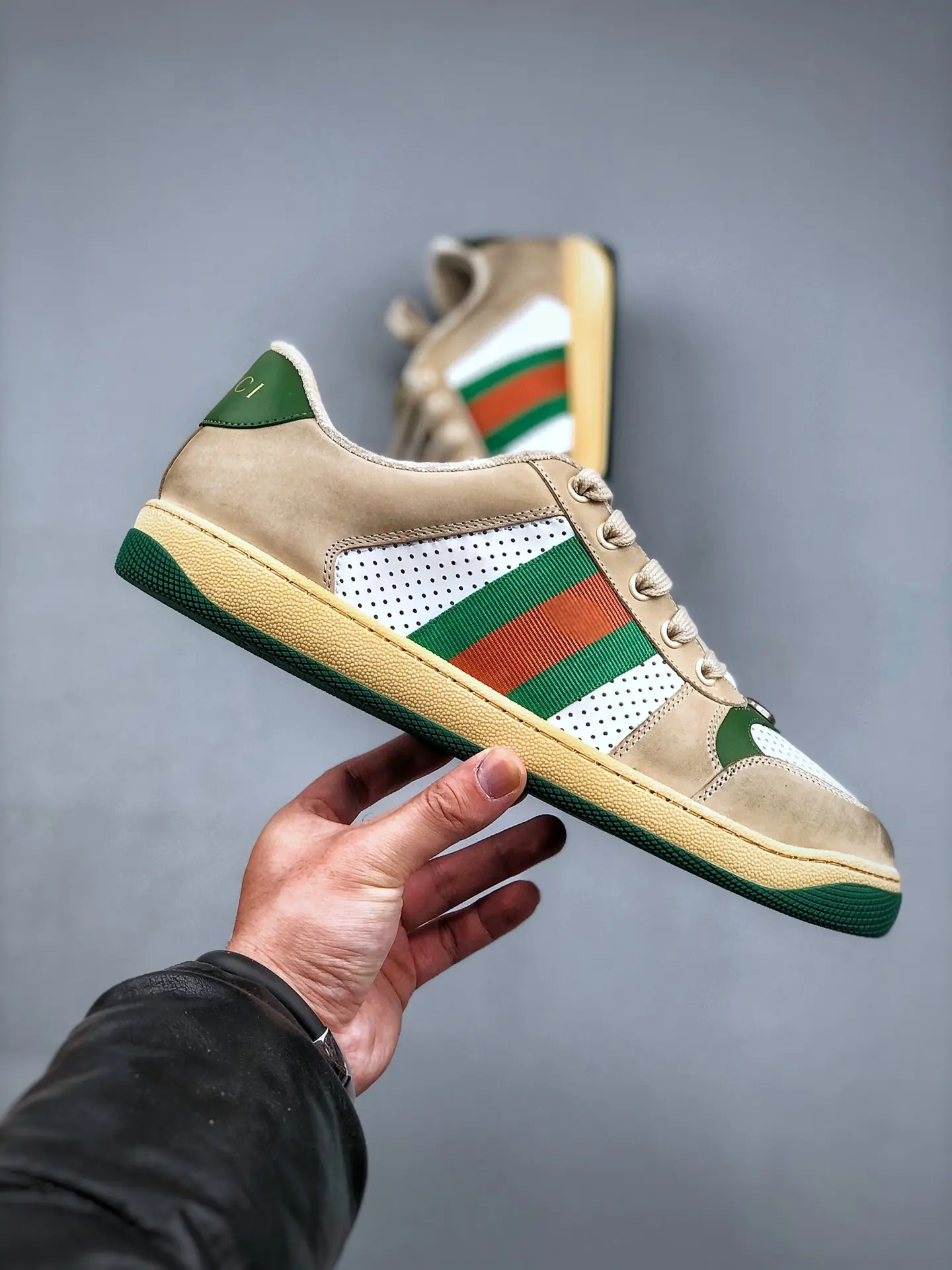 YASSW | Gucci Screener Distressed Leather Sneakers Replica - White UK 9