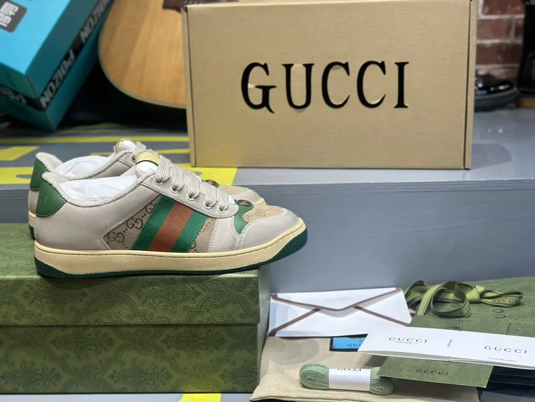 YASSW | Gucci Screener Suede Distressed Leather And Canvas Sneakers - Women - Beige (Replica)