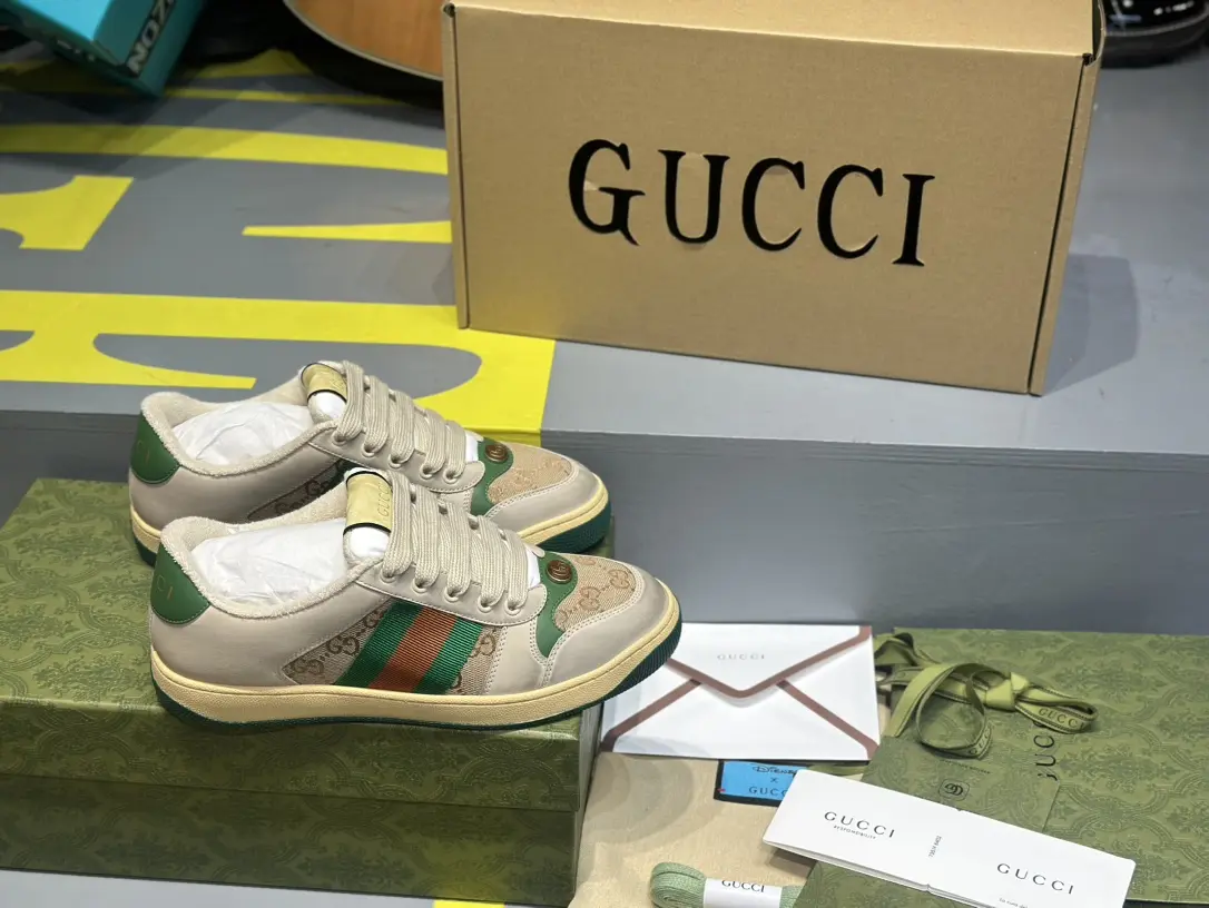 YASSW | Gucci Screener Suede Distressed Leather And Canvas Sneakers - Women - Beige (Replica)