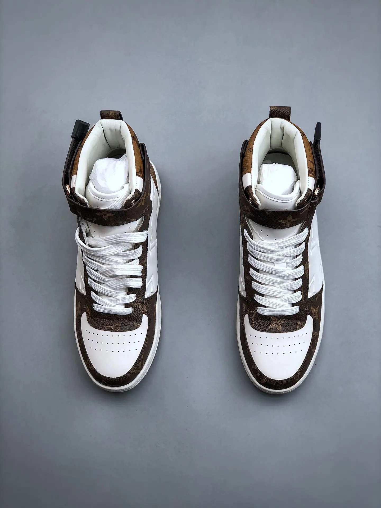 YASSW | Louis Vuitton Boombox High-Top Sneakers in White/Brown (Replica)