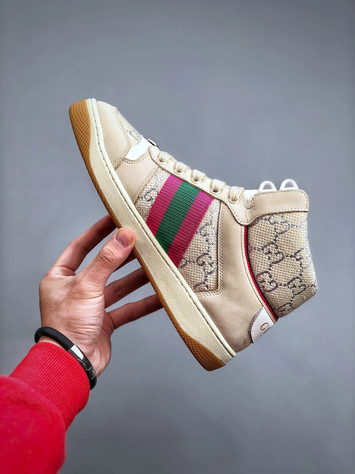 YASSW | Rep Fake Replica Gucci Screener Sneakers - Beige Distressed Leather