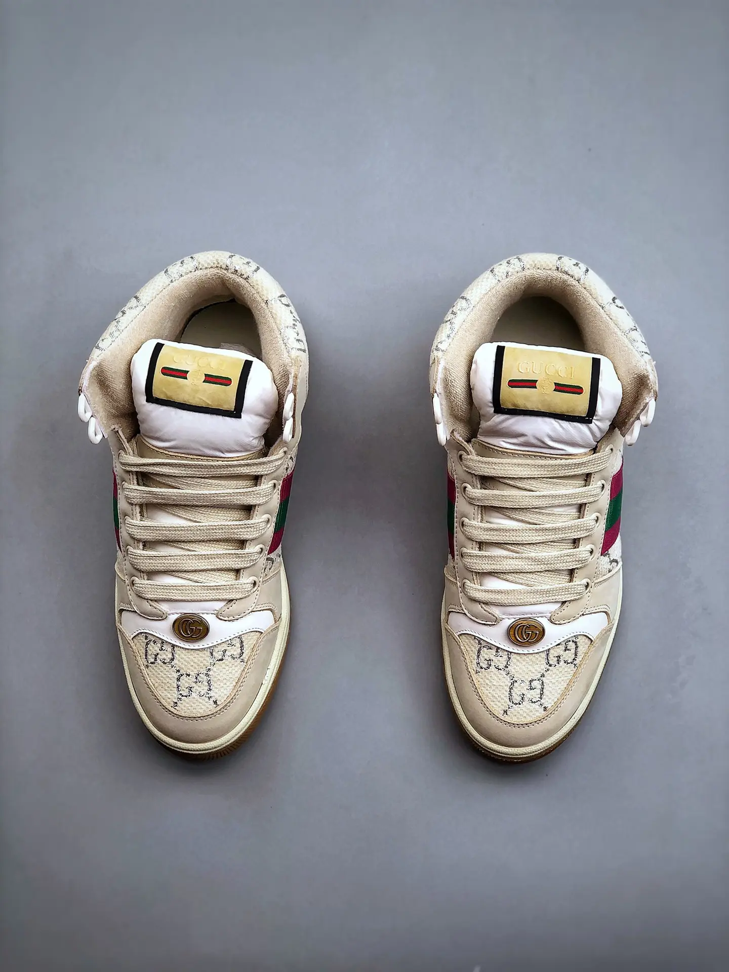 YASSW | Rep Fake Replica Gucci Screener Sneakers - Beige Distressed Leather